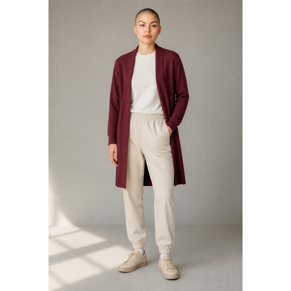 Eileen‎ Fisher Womens 100% Wool Long Open Front Cardigan Burgundy Wine Large L